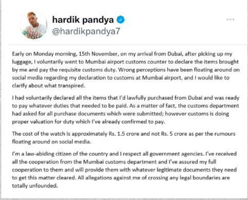 Hardik Controversies tweet